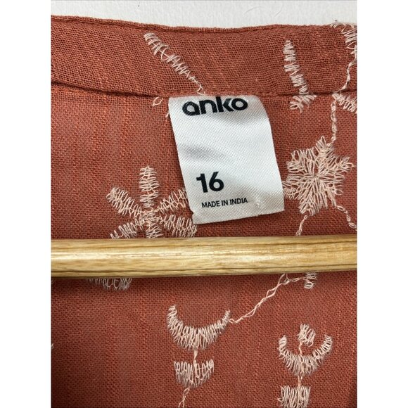 Anko Dress Coral Floral Embroidered Women's Size 16 Button Front Tie - Picture 6 of 10